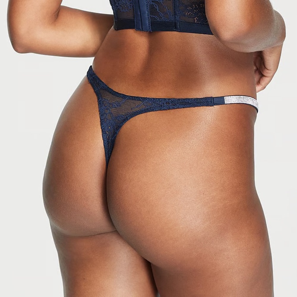 Victorias Secret ANGELS Lace & Velvet Shine Strap Rhinestone V-String thong navy - Picture 4 of 11